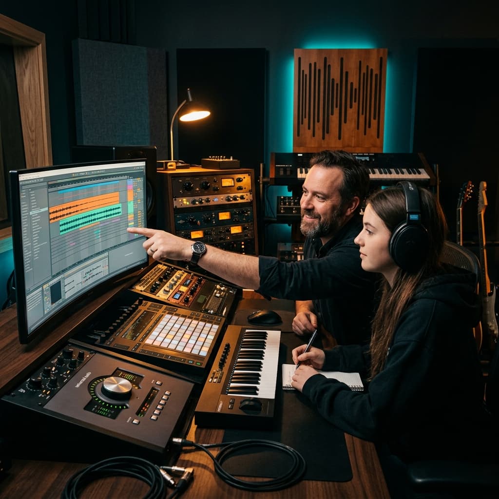 A producer mentoring a young artist in the studio
